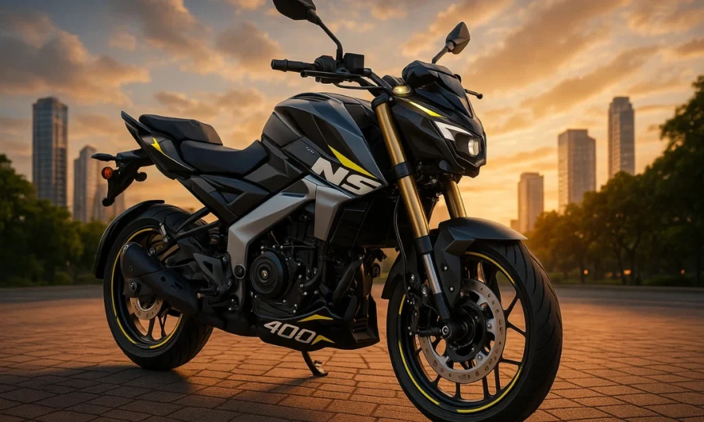 2025 Bajaj Pulsar NS400Z in black and yellow with city skyline at sunset