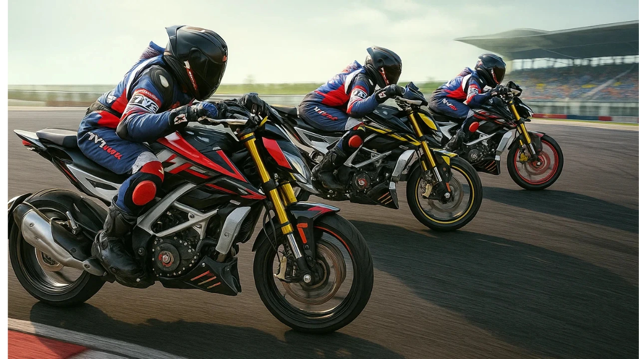 Riders testing the 2025 TVS Apache RTR 310 on racetrack with new design and performance upgrades