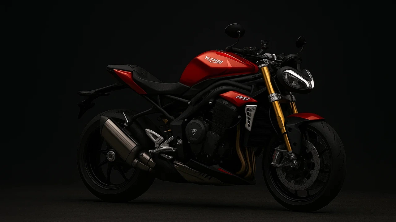 Side profile of the 2025 Triumph Speed Triple 1200 RS in red, showcasing its aggressive naked styling and premium hardware