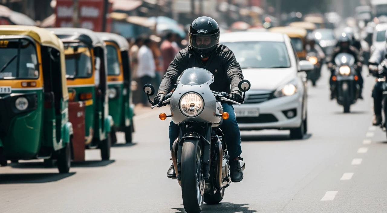2025 Triumph Thruxton 400 cafe racer spied testing in India with fairing, on a busy city street, traffic background.
