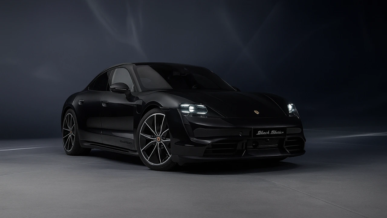 Front 3/4 view of the 2026 Porsche Taycan Black Edition in a studio setting, showcasing its sleek black design and signature LED lights.