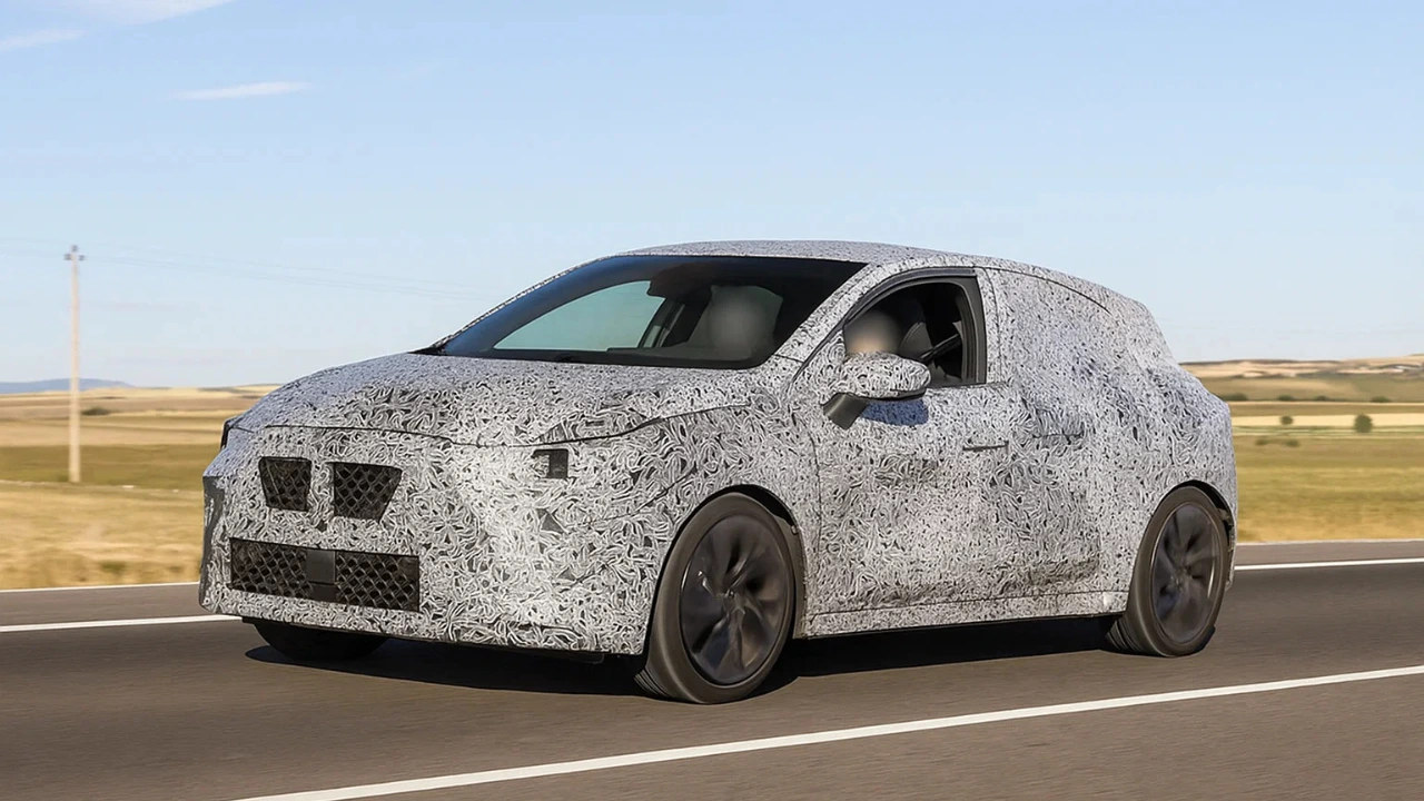 2026 Renault Clio prototype in camouflage, testing on a road ahead of its global debut.