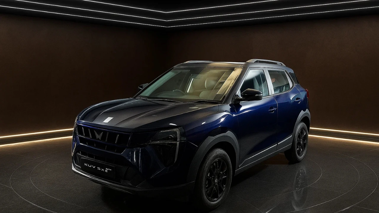 Front 3/4 view of a dark blue Mahindra 3XO REVX A parked indoors. The sub-compact SUV features blacked-out wheels, roof rails, and a sporty design, illuminated by linear ceiling lights.