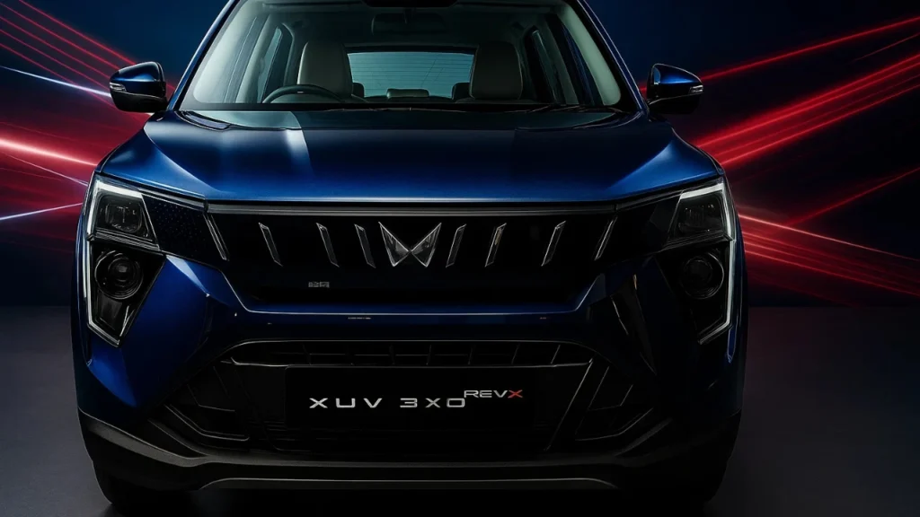 Front view of the dark blue Mahindra XUV 3XO REVX A, showcasing its bold grille, LED headlamps, and sleek SUV stance.
