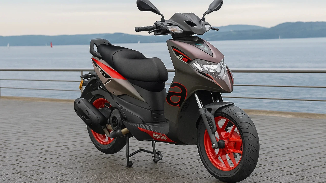 Aprilia SR 175 scooter parked near waterfront with bold matte finish and red alloy wheels