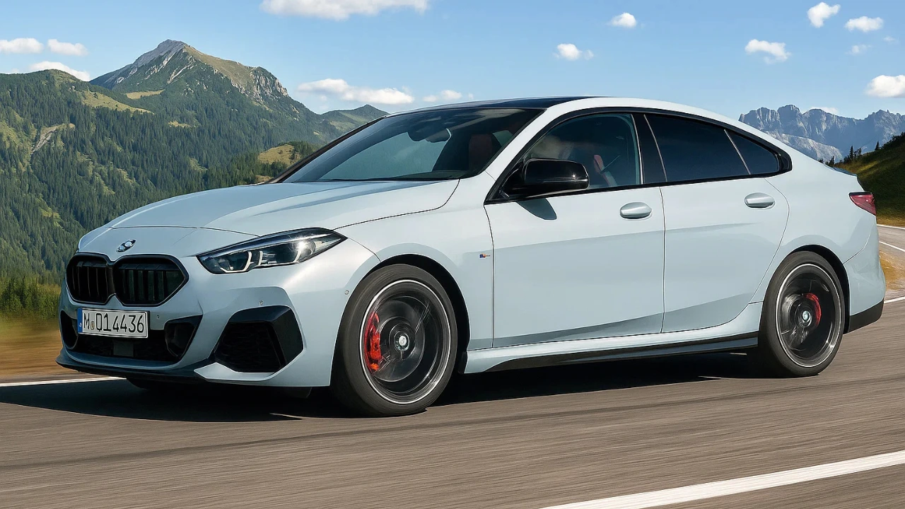 Front three-quarter view of the BMW 2 Series Gran Coupe 2025 driving on a mountain road