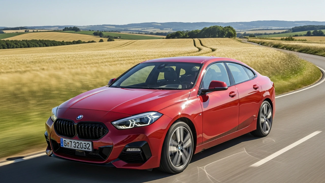 Red BMW 2 Series Gran Coupe on a winding road through golden fields during the BMW 2 Series Gran Coupe India Launch 2025.