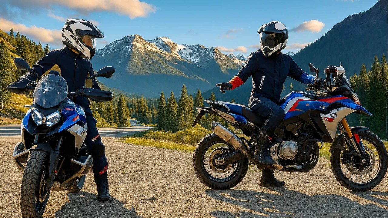 Two riders on BMW adventure motorcycles in the mountains during sunset, representing the upcoming BMW F 450 GS India launch.