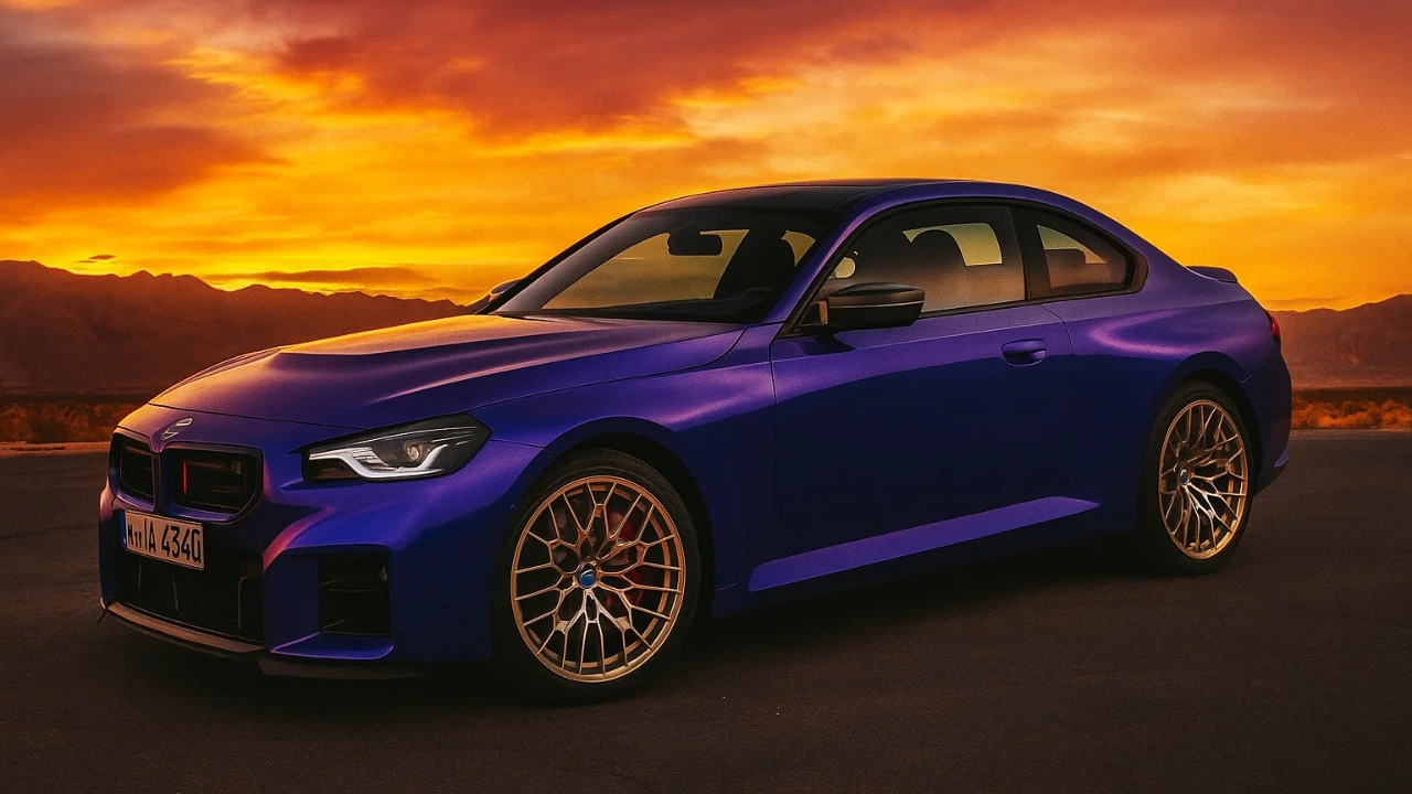 Front-side view of the BMW M2 CS in blue, parked at sunset with mountains in the background