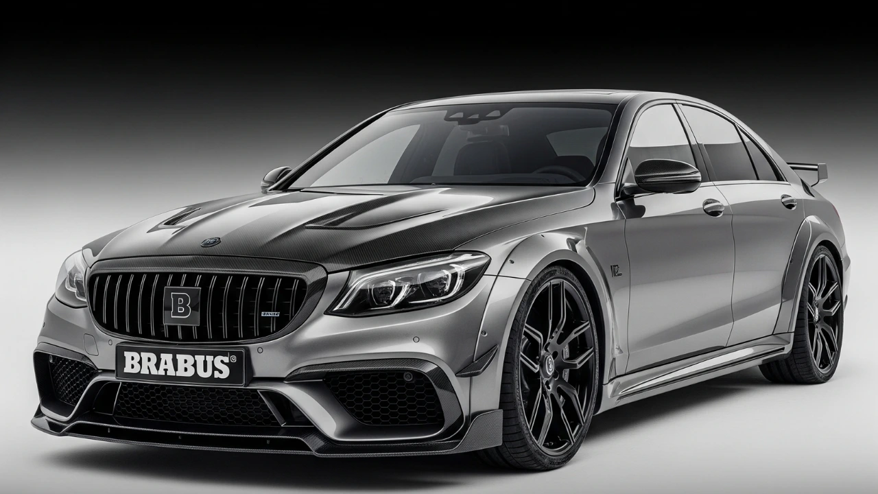 A gunmetal grey BRABUS 1000 Hybrid Sedan with carbon fiber styling.