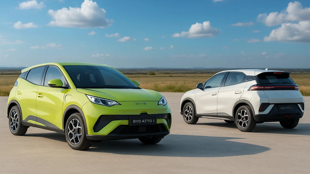 BYD Atto 1 Electric Car in vibrant green and white on a clear day, showcasing its compact, modern design.