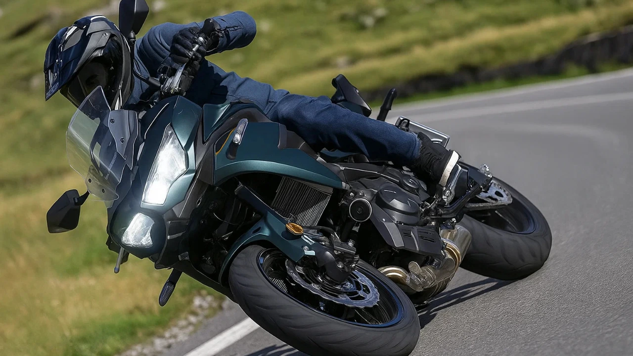 A rider leans into a turn on the 2026 Kawasaki Versys 650, showcasing its dynamic handling on a winding road.