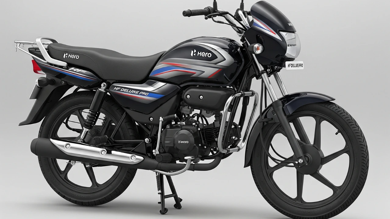 Side view of the new Hero HF Deluxe Pro motorcycle in black with red and blue graphics, highlighting its design and features