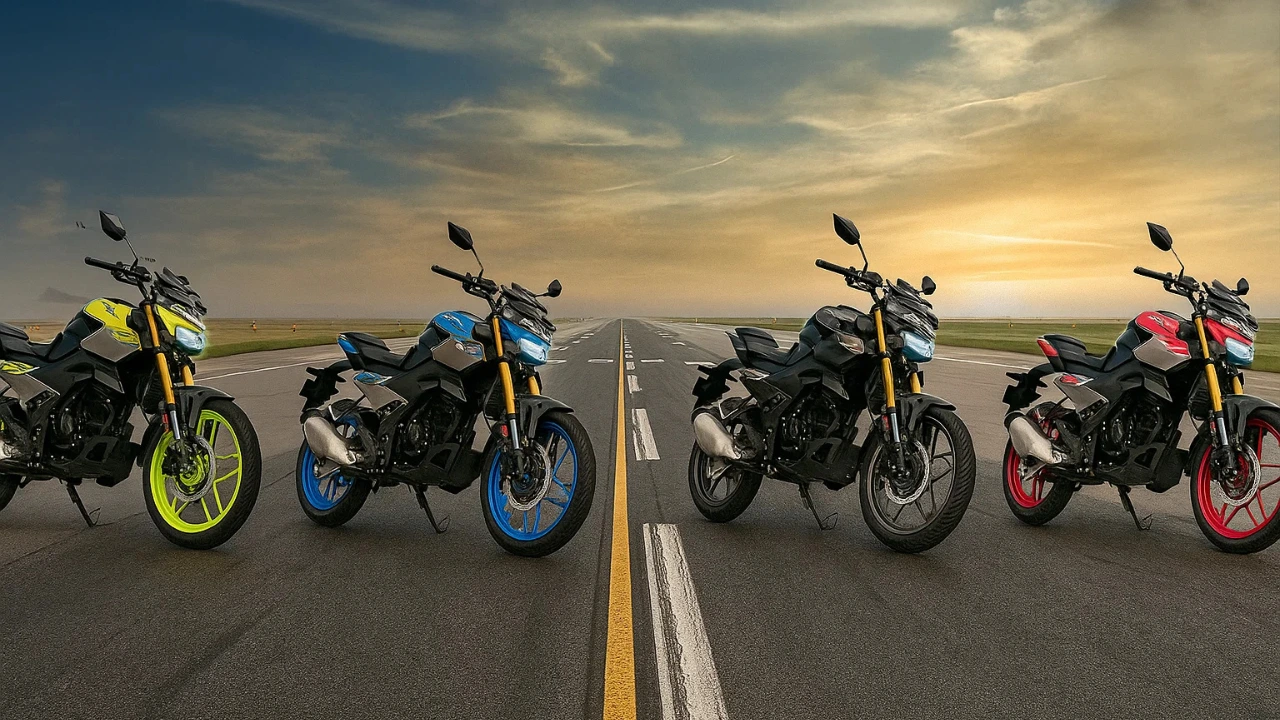 Four Honda CB125 Hornet motorcycles in different colors on a runway, highlighting their sporty design and golden USD forks.