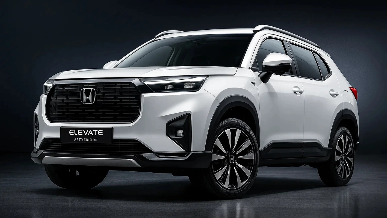 Front 3/4 view of the upcoming Honda Elevate Hybrid 2026 in white, featuring a bold grille and black roof rails, set for India launch with a 26 kmpl mileage target.