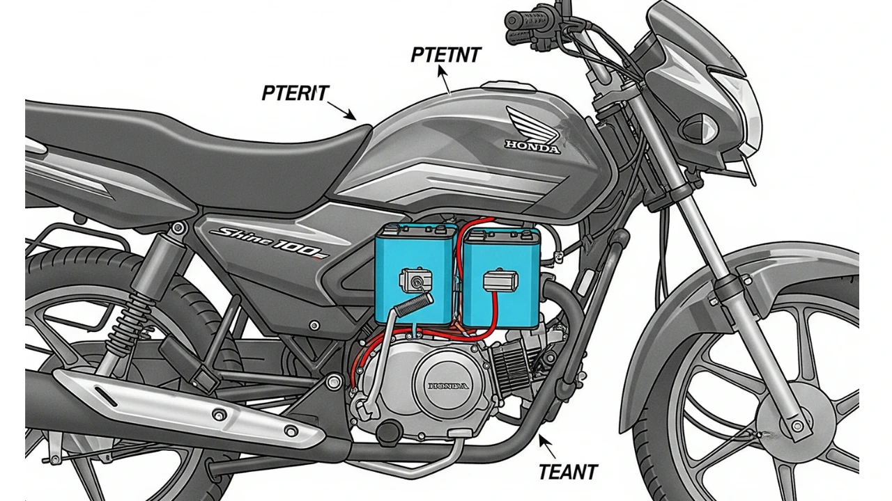 Patent illustration of the Honda Shine Electric Bike, showing the layout with dual swappable battery packs and an electric motor.