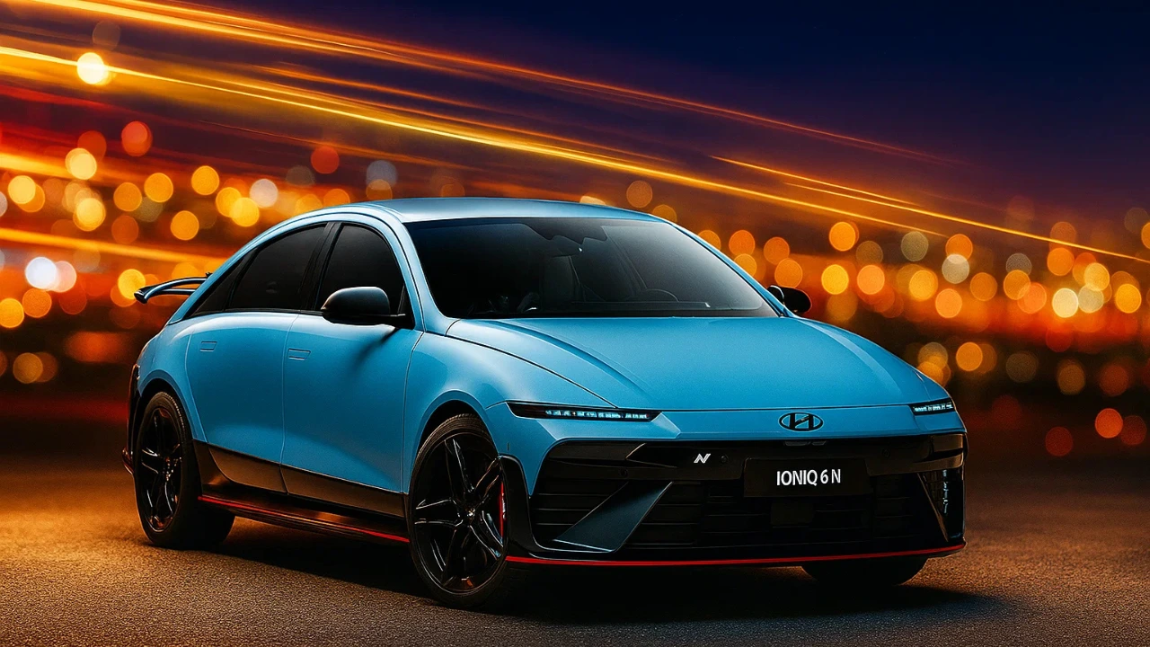 Hyundai IONIQ 6 N in Performance Blue at night with city lights in the background, highlighting its bold EV design and launch stance.