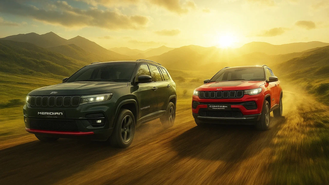 Jeep Compass and Meridian Trail Edition SUVs driving through a rugged trail during sunset, highlighting the new launch in India.