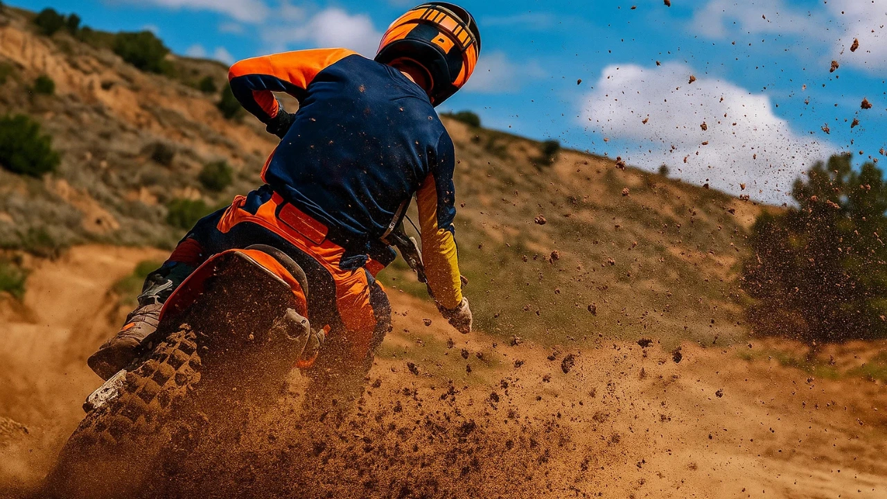 A KTM rider kicks up dirt on an orange and blue motocross bike, showcasing the power and agility expected from KTM's 2026 Off-Road Lineup.