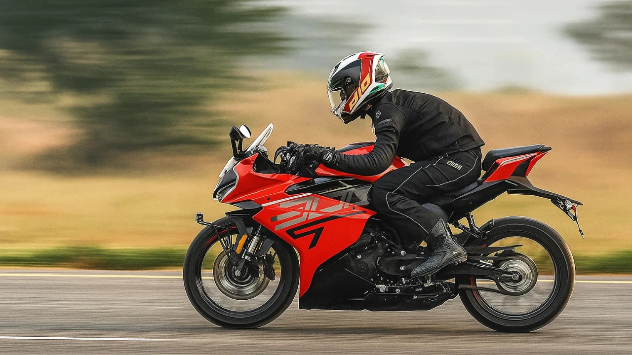 Rider in full gear riding the Keeway RR300 sportbike on an open road