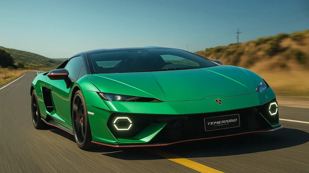 The vibrant green Lamborghini Temerario 2026 hybrid supercar cruises on a scenic road, showcasing its sleek design and advanced technology.