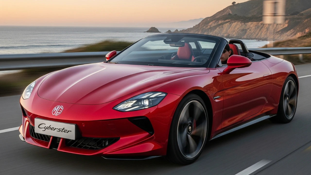 Red MG Cyberster electric roadster driving on a scenic coastal highway at sunset.