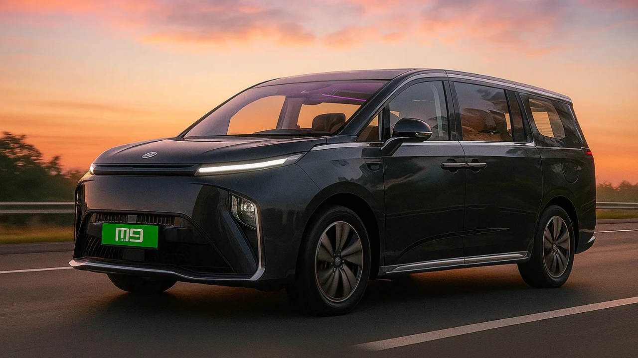 Front view of the MG M9 luxury MPV driving on a highway during sunset, showcasing its sleek design and electric presence.