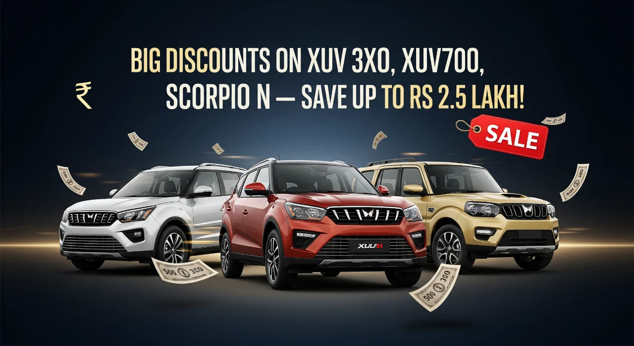 Mahindra SUV lineup including XUV 3XO, XUV700, and Scorpio N parked with a discount offer banner