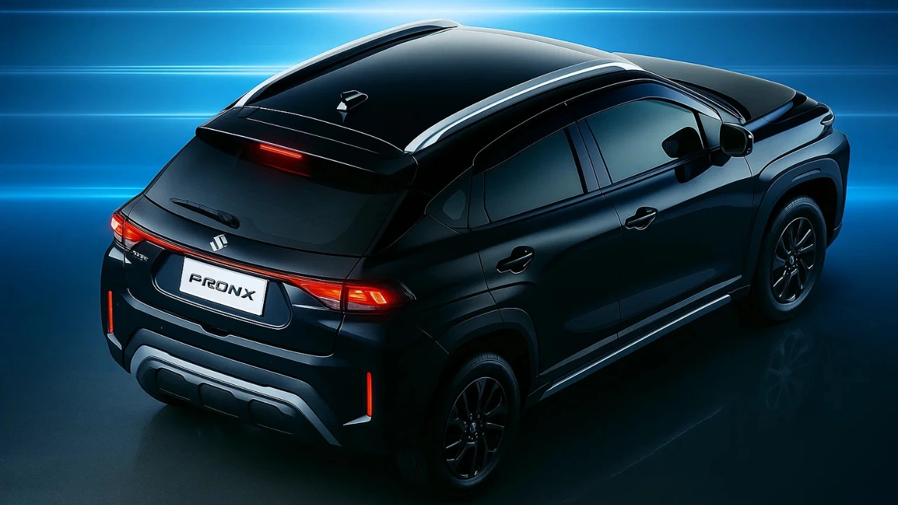 Rear 3/4 view of the Maruti Fronx Facelift Hybrid in black, showcasing its updated design under a studio blue light.