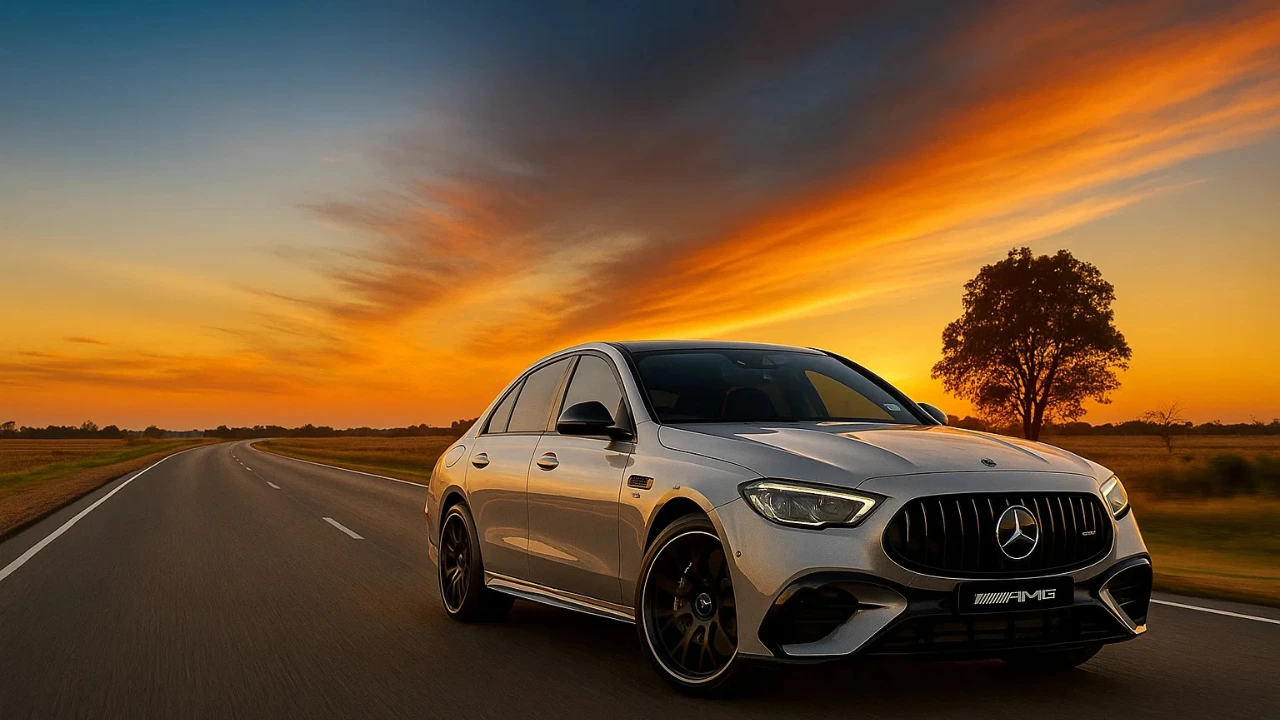Mercedes-AMG E 53 Edition 1 sedan driving at sunset on open highway