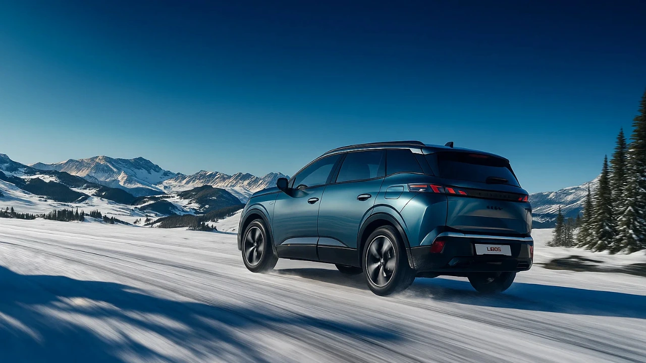 Peugeot Dual-Motor E-3008 and E-5008 electric SUV driving in snowy mountains