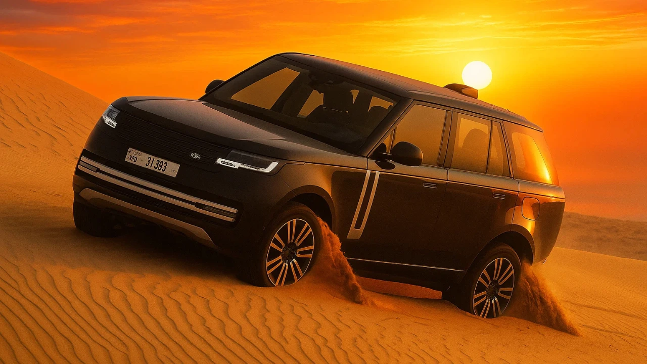 Range Rover Electric SUV in desert dunes at sunset.