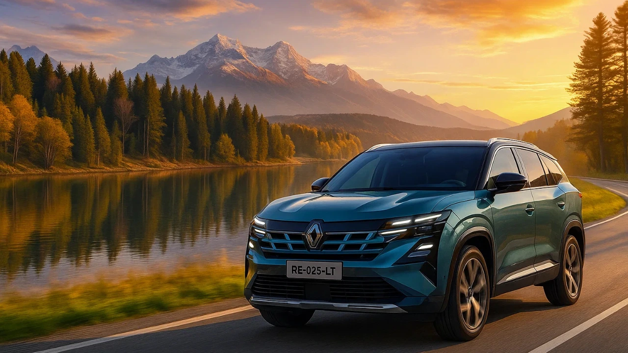 Front view of the Renault Boreal 7-seater SUV driving near a scenic lake with mountains in the background