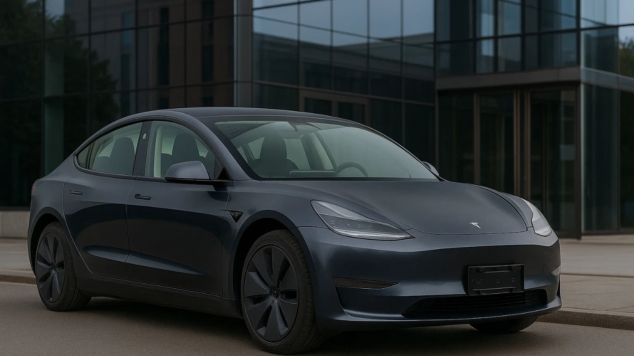 Front view of the newly unveiled Tesla Model 3 Plus electric sedan in matte black finish.