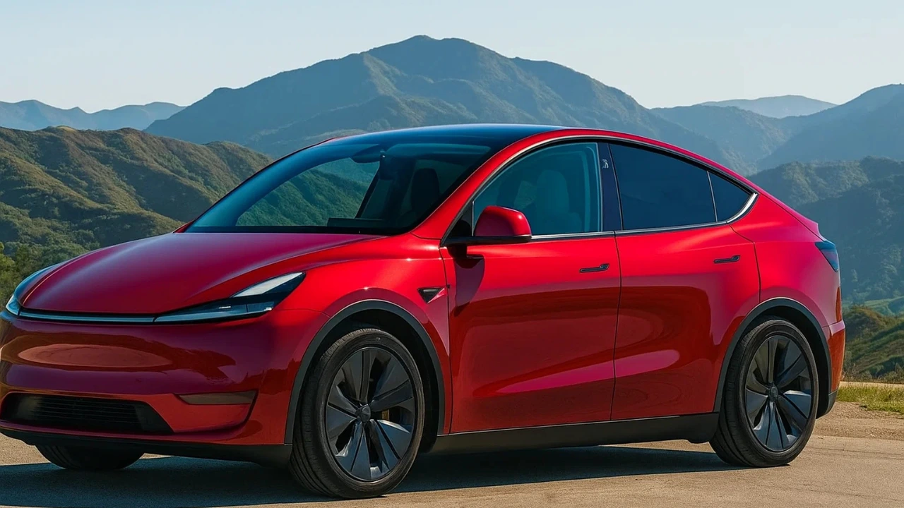 Front-side view of red Tesla Model Y during India launch with mountain backdrop