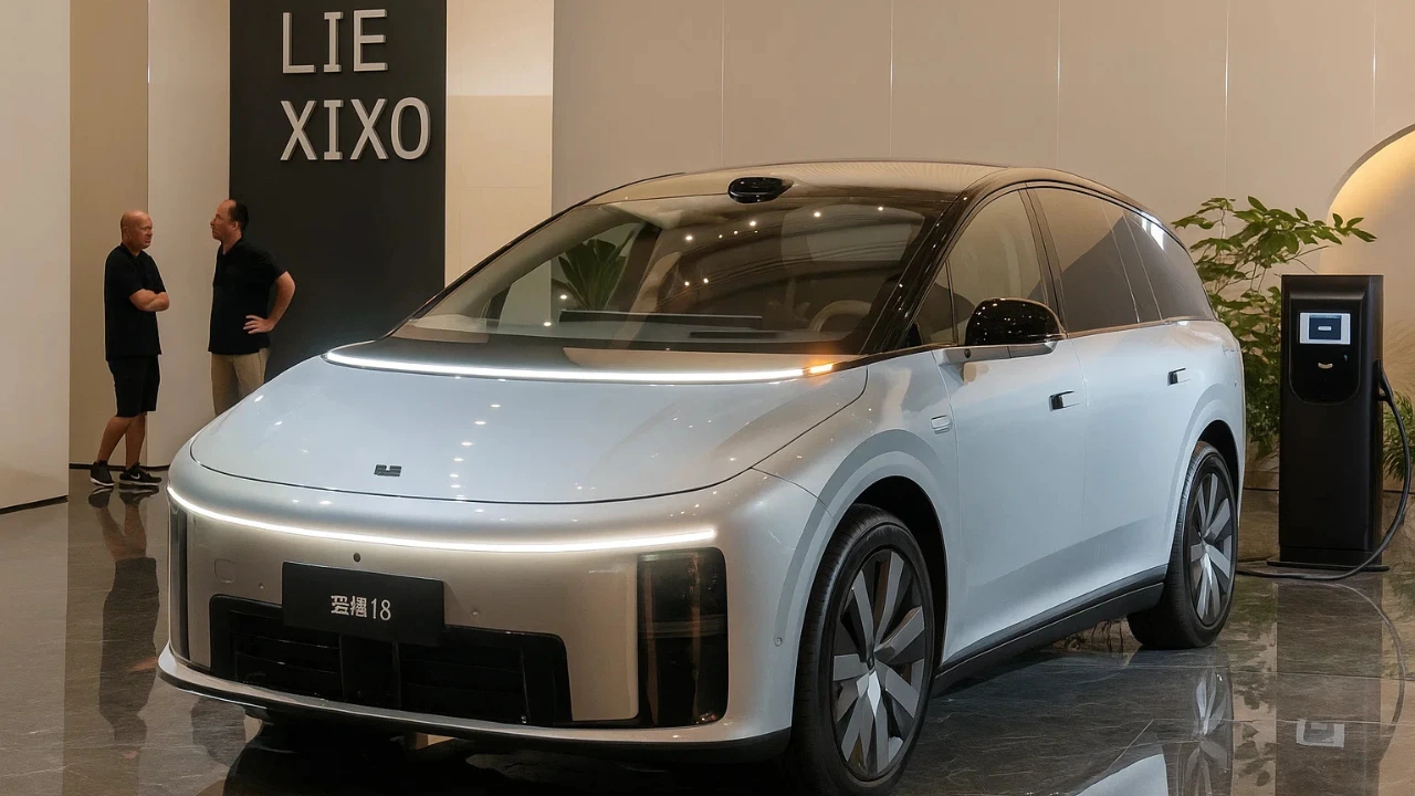 Silver Li Auto i8 electric SUV front view in showroom. Charging station visible.