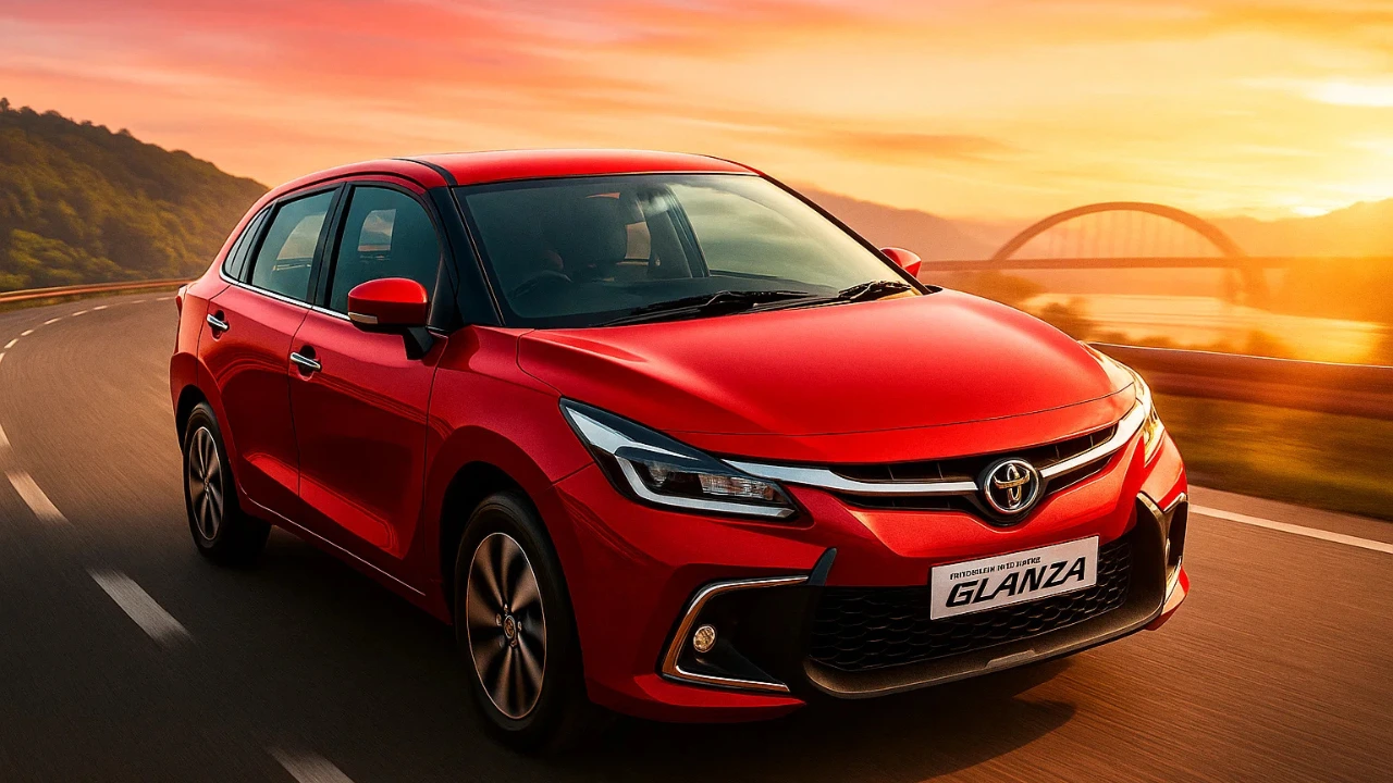 Front view of the red Toyota Glanza driving on a highway at sunset, representing the Toyota Glanza 6 airbags update