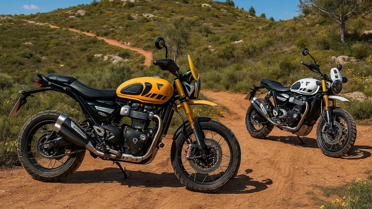 Triumph Scrambler 400 XC with tubeless spoke wheels showcased in off-road terrain with yellow and white variants