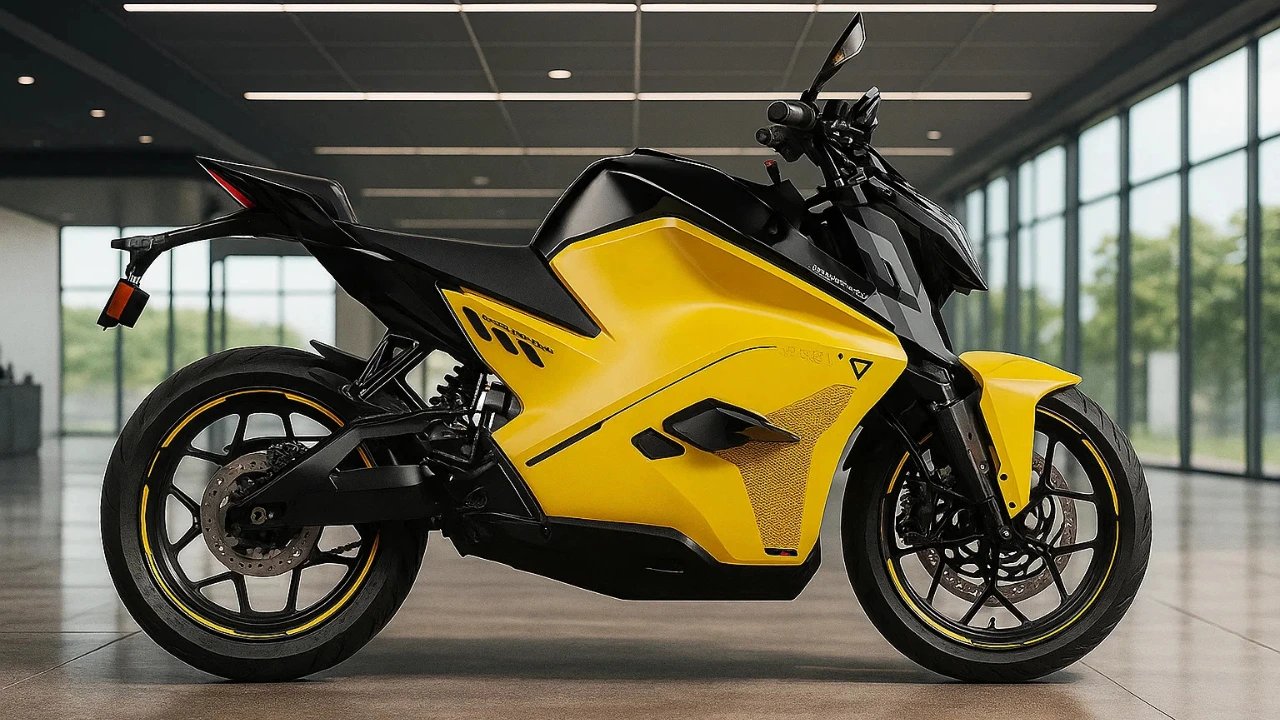Ultraviolette F77 SuperStreet in bright yellow, showcasing its sleek design and aggressive stance indoors.
