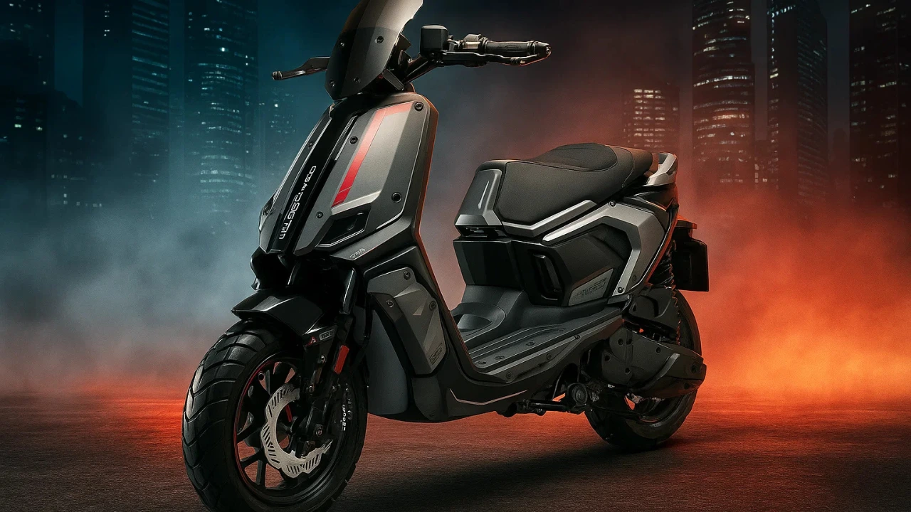 Front-side view of the VLF Mobster scooter with aggressive styling, showcased against a smoky cityscape background