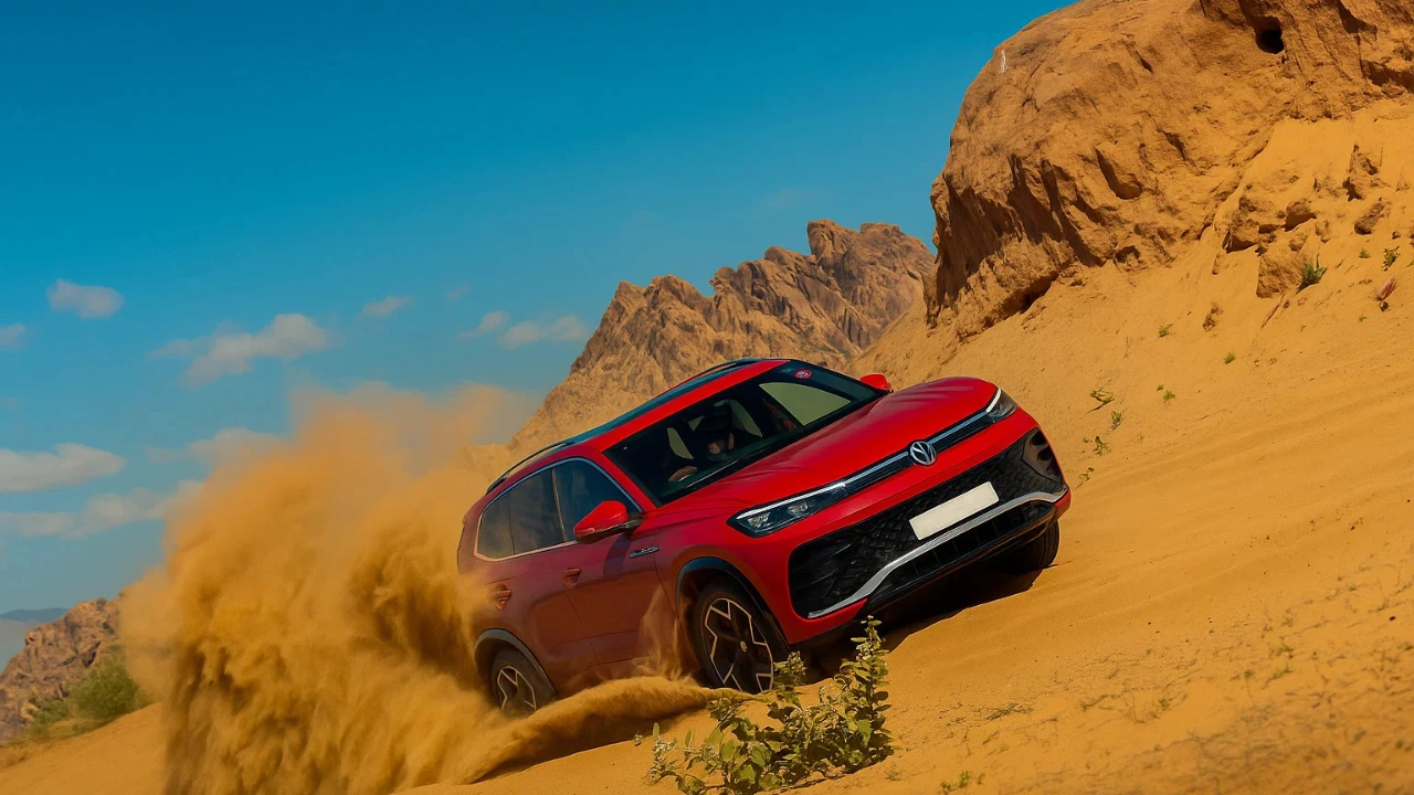 VW Tiguan R-Line kicking up sand in a dynamic off-road desert drive