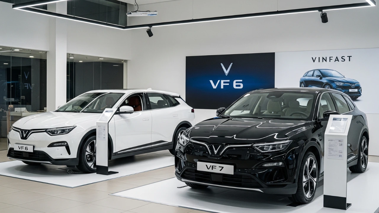 VinFast VF 6 and VF 7 electric SUVs at a VinFast India showroom.