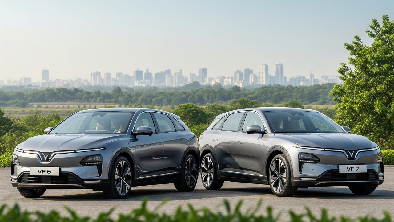 VinFast VF 6 and VF 7 India launch featuring both electric SUVs against a city skyline backdrop.