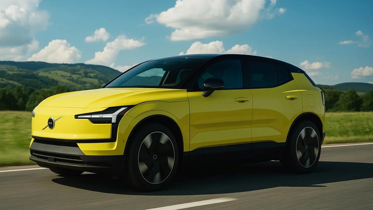 Bright yellow Volvo EX30 electric SUV driving on a scenic road under a blue sky, showcasing its sleek design.