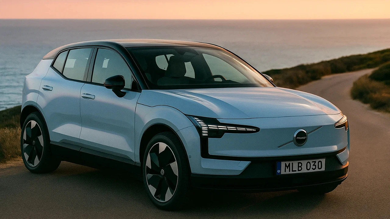 Volvo EX30 Electric SUV parked near coastline at sunset ahead of India launch