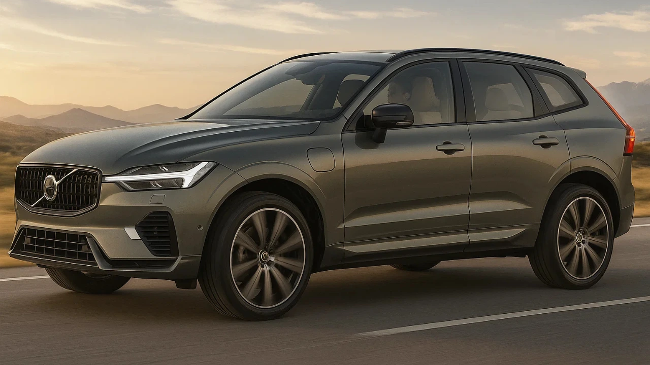 Front-side view of the Volvo XC60 facelift SUV driving on a highway at sunset
