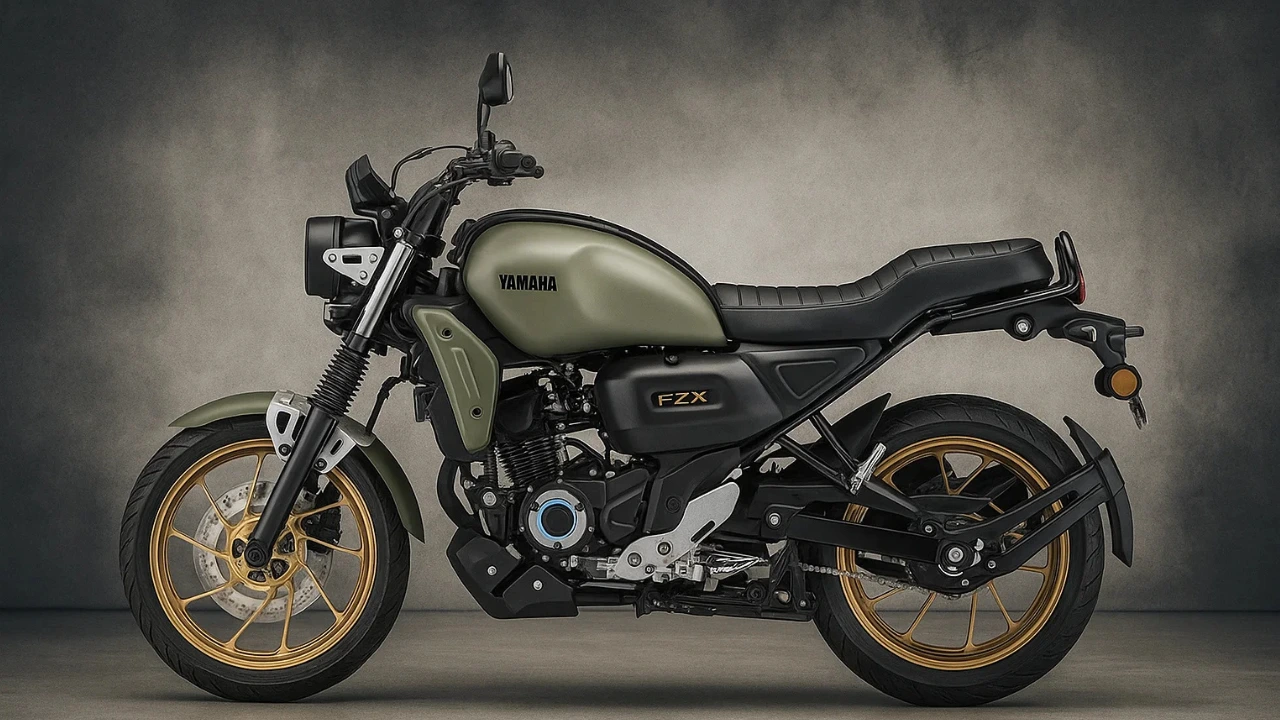 Side profile of the new Yamaha FZ-X Hybrid in Matte Titan with gold alloy wheels