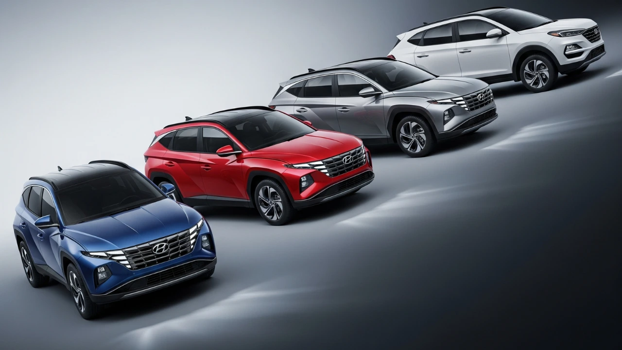 A dynamic image of four 2025 Hyundai Tucson SUVs in different colors, highlighting the new design.