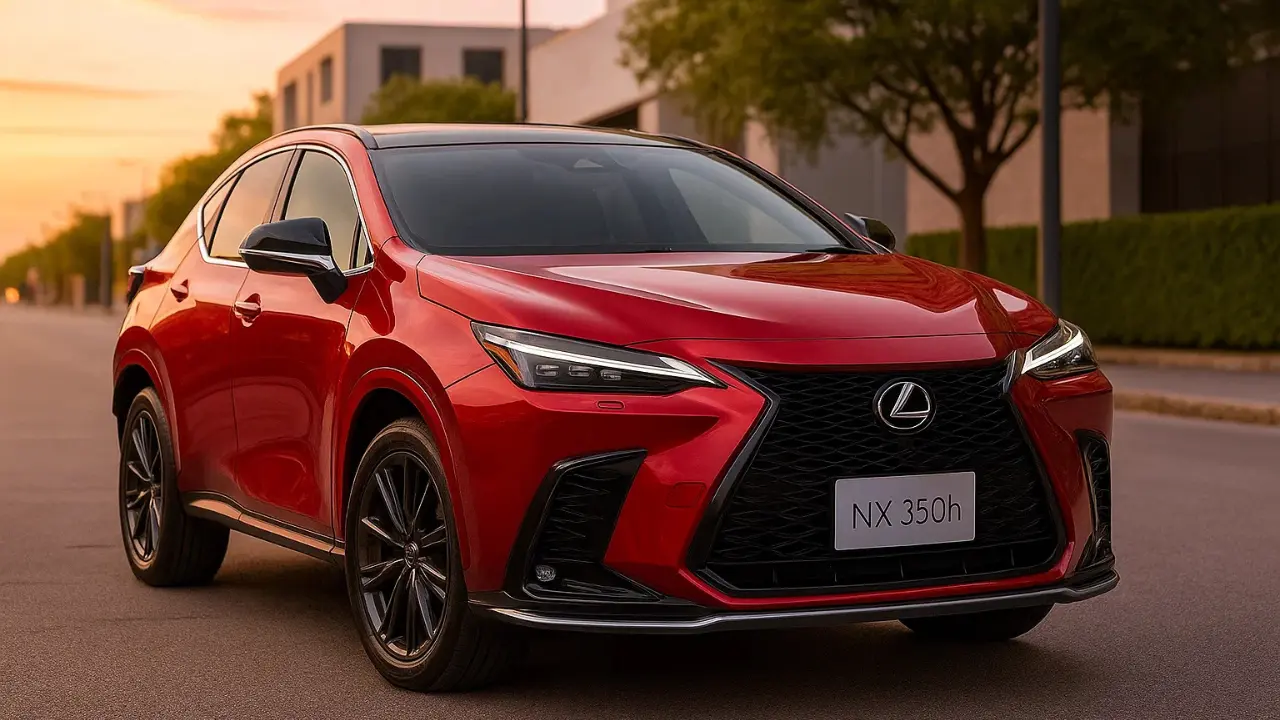 2025 Lexus NX 350h in Radiant Red color, a premium hybrid luxury SUV with a refreshed design and updated features, seen parked on a street at sunset.