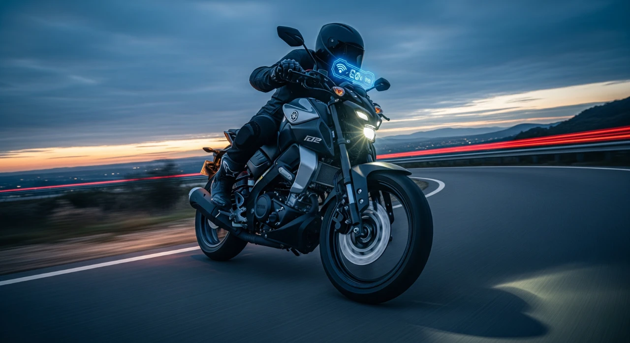 A rider on the 2025 Yamaha MT-15 V2.0 motorcycle speeding down a winding road at dusk, highlighting its dynamic design and the subtle glow of its advanced tech display.